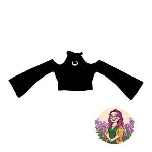 Romwe Black Velvet Crescent Moon Bell Sleeve Crop Top Goth Witchy Boho Medium